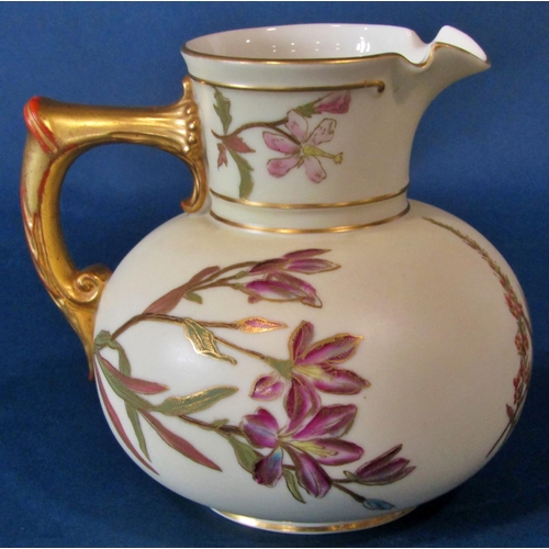 1057 - A Royal Worcester blush ivory jug of squat bulbous form decorated with painted floral sprigs, puce m... 