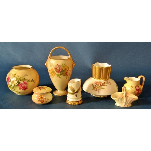 1064 - A group of seven Royal Worcester blush ivory porcelain pieces to include a squat bulbous vase with d... 