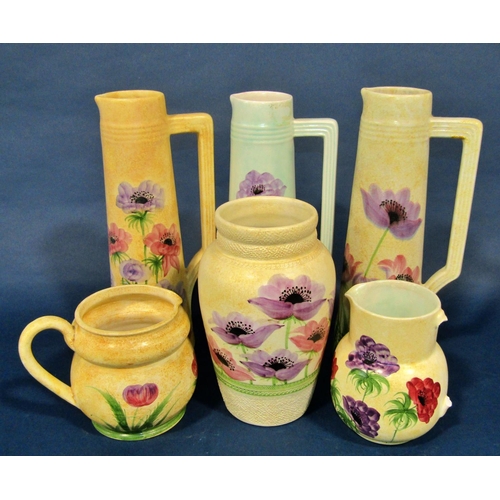 1080 - A group of six Radford pottery items, all decorated with painted floral anemone) motifs