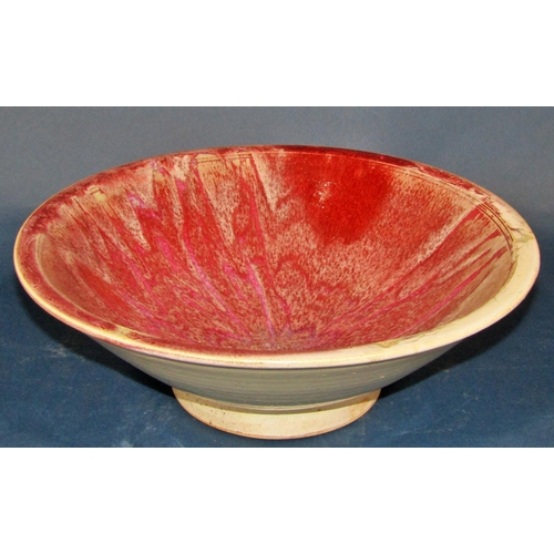 1086 - A large Studio pottery bowl with song de boeuf type glazed finish, unmarked, 11 cm high 33 cm diamet... 