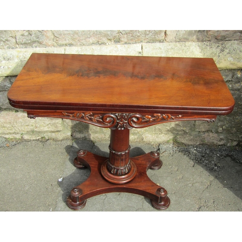 2659 - Regency mahogany D end fold over top tea table, raised on turned and carved column and platform base... 