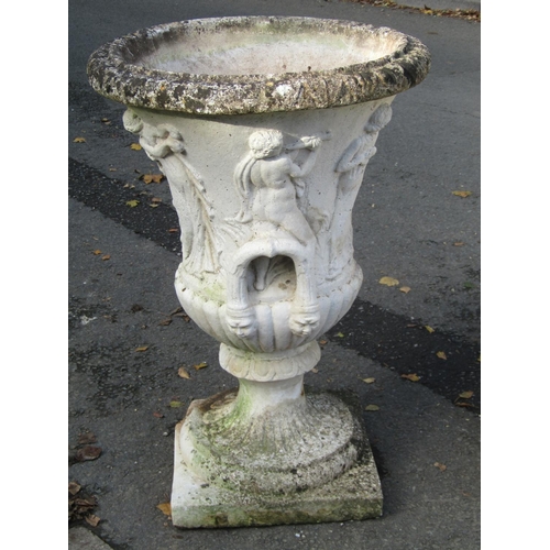 2118 - A large pair of weathered, composition stone garden campagna urn planters, each 82cm high.