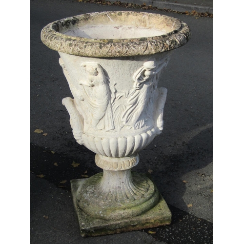 2118 - A large pair of weathered, composition stone garden campagna urn planters, each 82cm high.