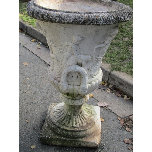 2118 - A large pair of weathered, composition stone garden campagna urn planters, each 82cm high.