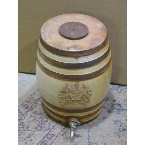 2155 - A Doulton Lambeth salt-glazed brandy, barrel with applied Royal armorial and label ‘Brandy’, 35 cm h... 