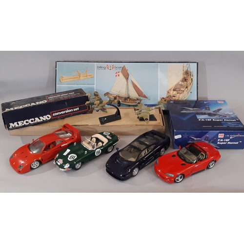 342 - Mixed group of models including 4 unboxed 1:18 scale cars- Viper Dodge, Jaguar and Ferrari all by Bu... 