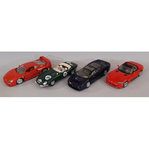 342 - Mixed group of models including 4 unboxed 1:18 scale cars- Viper Dodge, Jaguar and Ferrari all by Bu... 