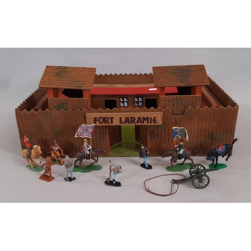 367 - Vintage wooden 'Fort Laramie' 52x37cm with an unsorted collection of plastic Wild West figures and a... 