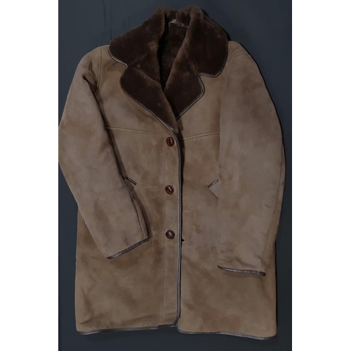 1742 - 3 sheepskin coats comprising a pale ladies jacket size 14 with toggle fastening, a dark brown men's ... 