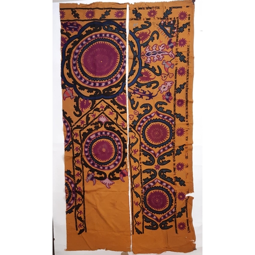 1755 - 2 sections from an Uzbek type Suzani panel each with hand embroidered floral motifs in bold colours ... 