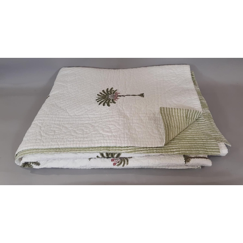 1758 - Quilted bed cover in palm tree design with striped cotton verso, quilted in running stitch, 2.6x2.25... 