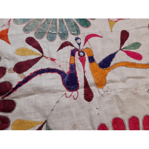 1760 - Vintage Indian textile panel featuring hand embroidered multi-coloured flower and peacock motifs on ... 