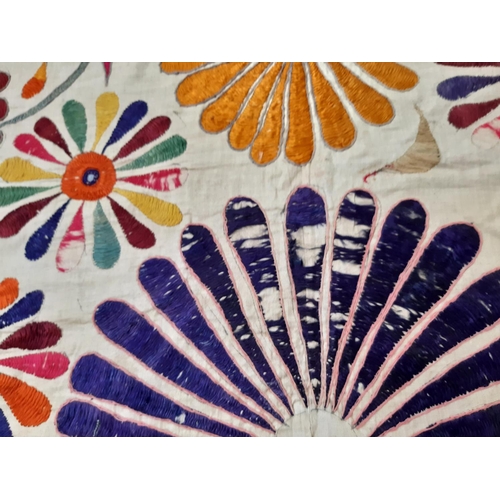 1760 - Vintage Indian textile panel featuring hand embroidered multi-coloured flower and peacock motifs on ... 