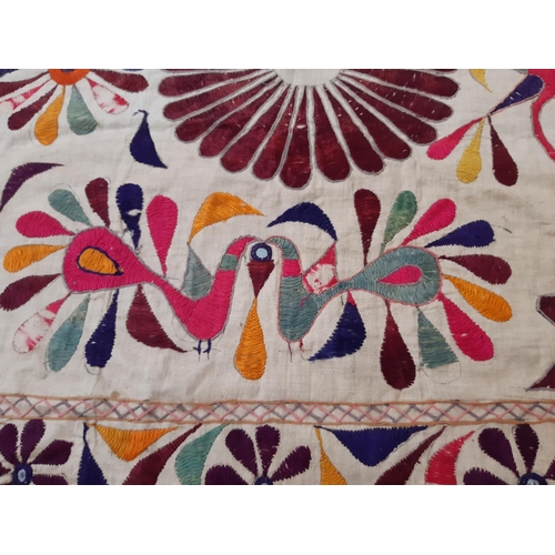 1760 - Vintage Indian textile panel featuring hand embroidered multi-coloured flower and peacock motifs on ... 