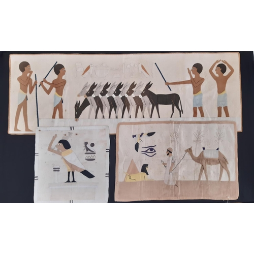 1762 - 3 early-mid 20th century Egyptian pictorial panels depicting characters, animal and heiroglyphs in a... 