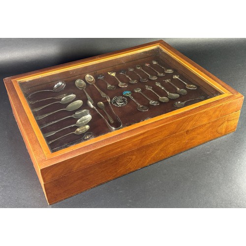 1156 - A mahogany glazed display case 51.5cm x 38cm, together with a quantity of silver plated souvenir tea... 