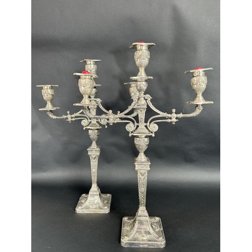 1163 - A large pair of silver plated Neoclassical style candelabra, three branches raised on square columns... 