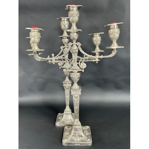 1163 - A large pair of silver plated Neoclassical style candelabra, three branches raised on square columns... 