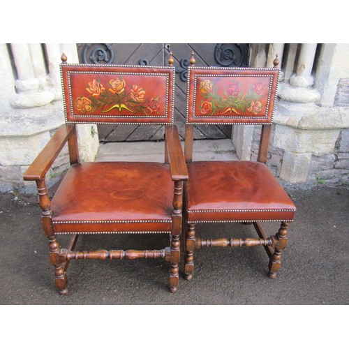 2739 - Set of ten (8&2) Cromwellian style oak dining chairs with turned rails and supports, each with hide ... 