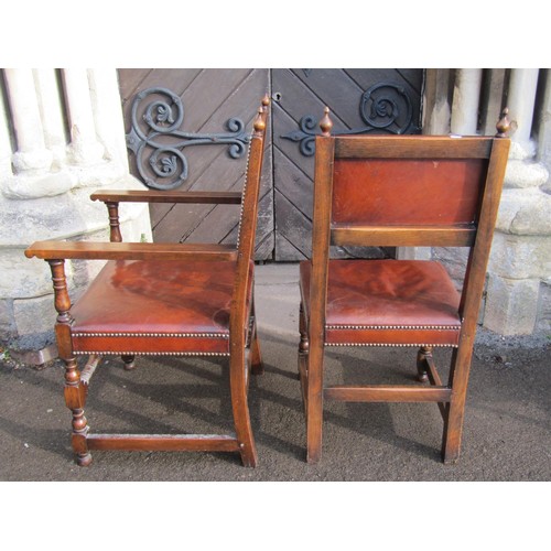 2739 - Set of ten (8&2) Cromwellian style oak dining chairs with turned rails and supports, each with hide ... 