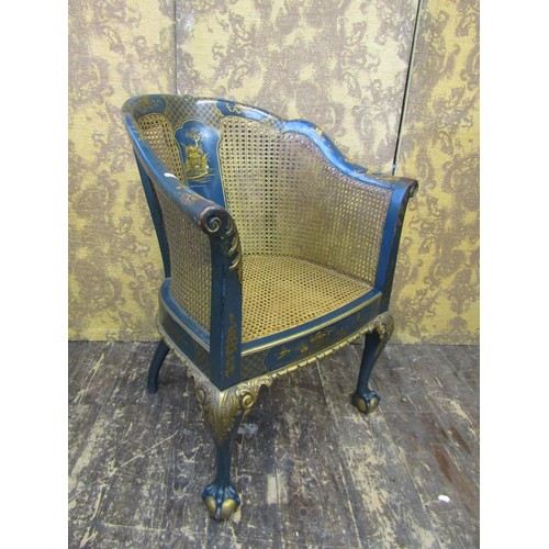 2725 - Edwardian bergere tub chair, the lacquered frame in a blue colourway with applied chinoiserie decora... 