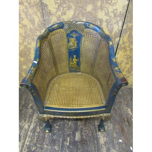 2725 - Edwardian bergere tub chair, the lacquered frame in a blue colourway with applied chinoiserie decora... 