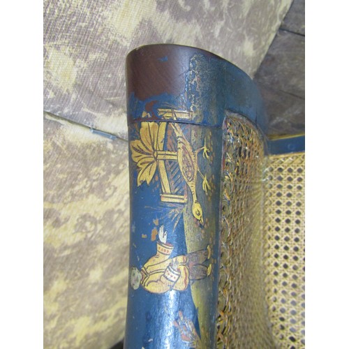 2725 - Edwardian bergere tub chair, the lacquered frame in a blue colourway with applied chinoiserie decora... 