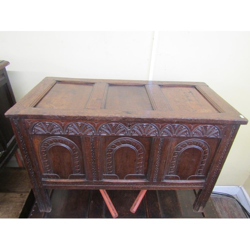 2722 - 18th Century panelled oak coffer with carved detail, 110 cm length x 70 cm in height