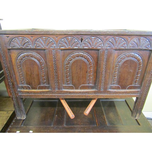 2722 - 18th Century panelled oak coffer with carved detail, 110 cm length x 70 cm in height