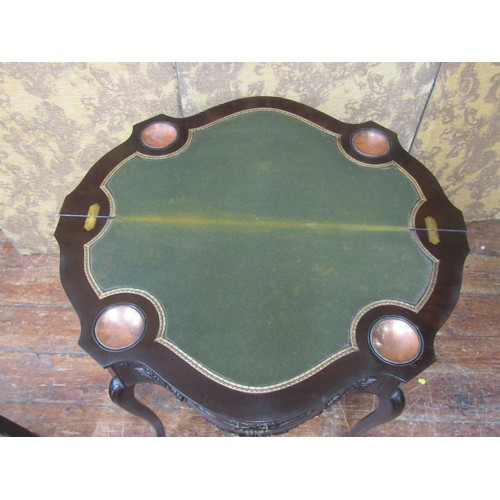 2664 - Edwardian mahogany serpentine foldover top card table with baize lined interior, enclosing a single ... 