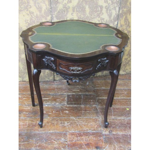 2664 - Edwardian mahogany serpentine foldover top card table with baize lined interior, enclosing a single ... 