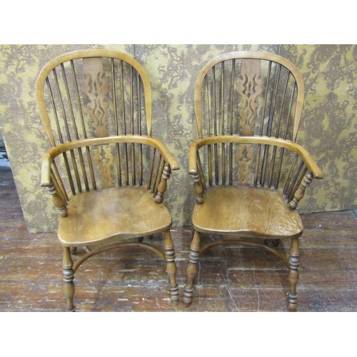 2653 - Pair of elm and fruitwood Windsor chairs, with carved and pierced splats, turned supports and crinol... 