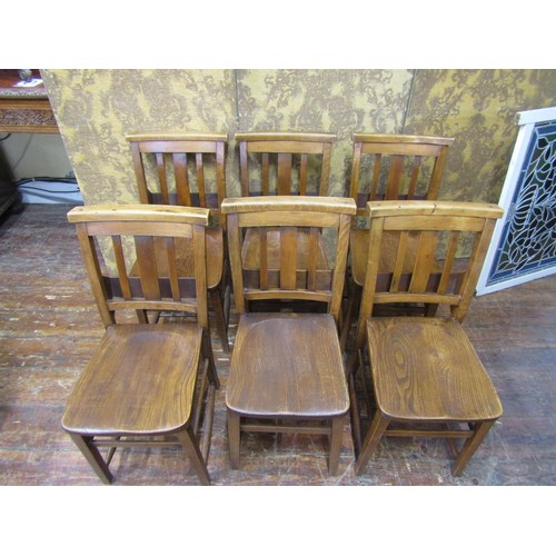 2649 - A set of six church choir chairs, with elm seats and beech wood supports, the stickbacks supporting ... 