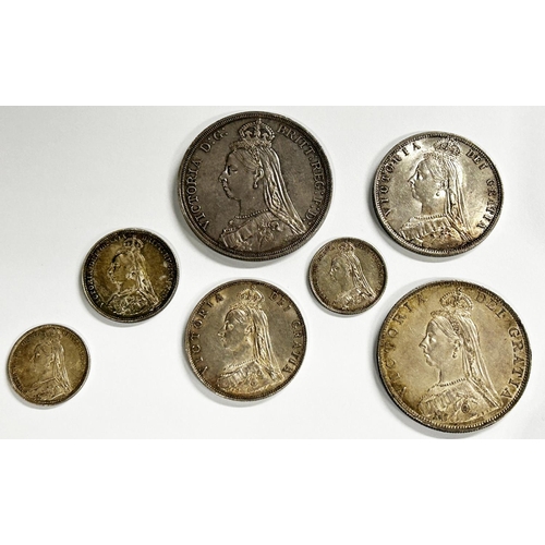 1509 - Victoria, 1837-1901. Part seven-coin set, 1887. Crown to Sixpences, Wreath and Withdrawn types. Doub... 