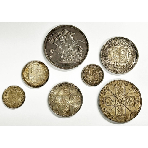 1509 - Victoria, 1837-1901. Part seven-coin set, 1887. Crown to Sixpences, Wreath and Withdrawn types. Doub... 