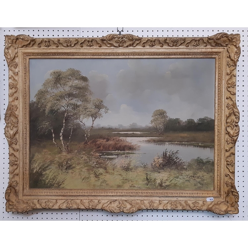 20th century German school, lakeside landscape, oil on canvas, signed lower left, 49 x 69cm