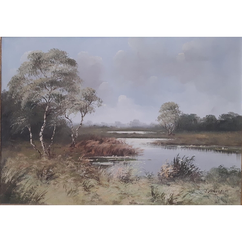 123 - 20th century German school, lakeside landscape, oil on canvas, signed lower left, 49 x 69cm