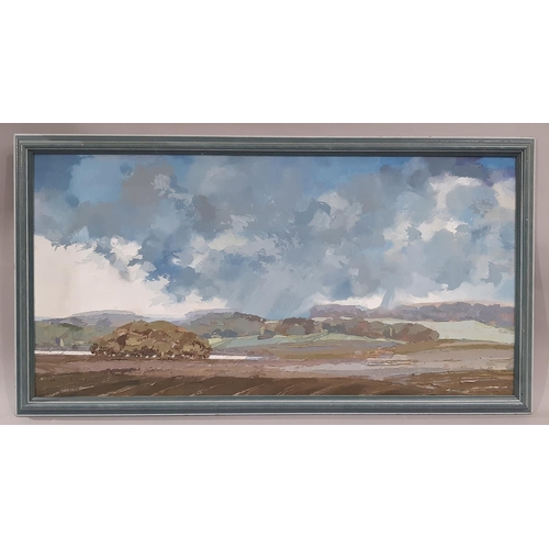 124 - 20th century British school, atmospheric landscape with fields, copse and distant hills, indistinctl... 