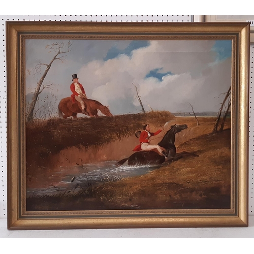 131 - British School, 19th Century - hunting scene with one horse rider overlooking another in the river, ... 