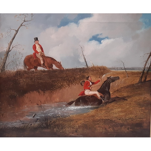 131 - British School, 19th Century - hunting scene with one horse rider overlooking another in the river, ... 