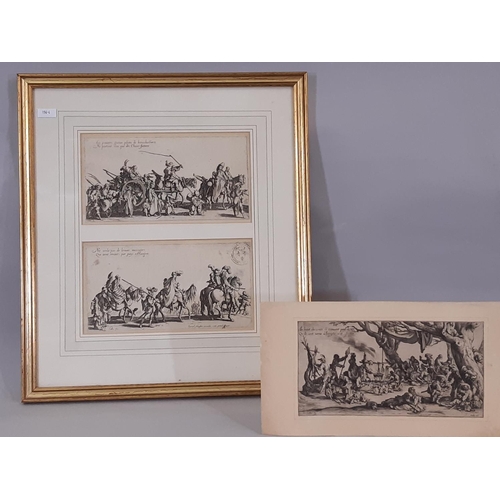 143 - After Jacques Callot, ‘Les Bohemiens en marched’ a framed pair of prints together with another, each... 