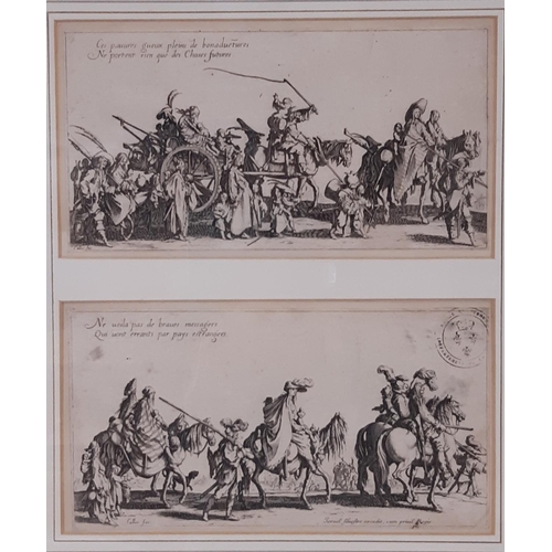 143 - After Jacques Callot, ‘Les Bohemiens en marched’ a framed pair of prints together with another, each... 