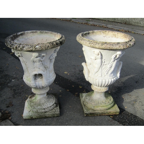 2118 - A large pair of weathered, composition stone garden campagna urn planters, each 82cm high.