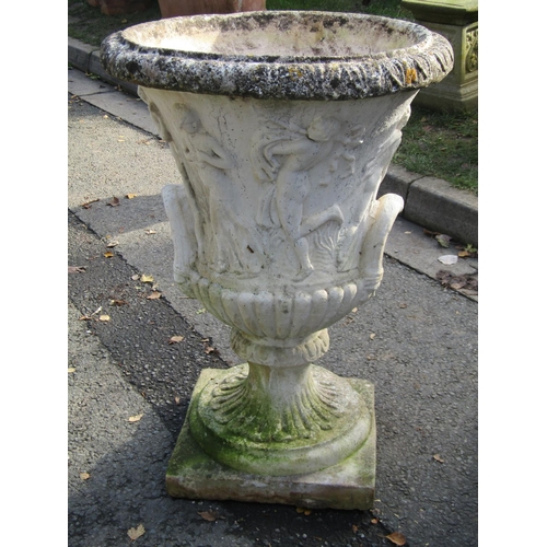 2118 - A large pair of weathered, composition stone garden campagna urn planters, each 82cm high.