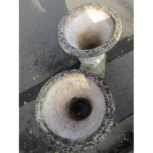 2118 - A large pair of weathered, composition stone garden campagna urn planters, each 82cm high.