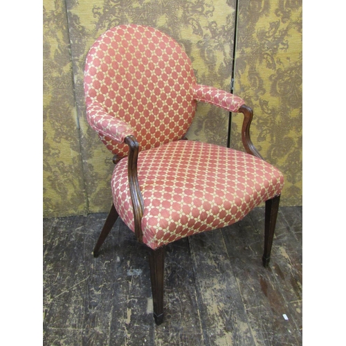 2726 - A Hepplewhite design open elbow chair with cameo shaped back serpentine seat on square taper legs