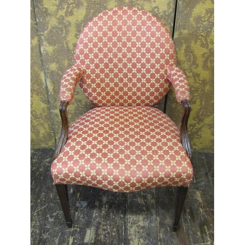 2726 - A Hepplewhite design open elbow chair with cameo shaped back serpentine seat on square taper legs