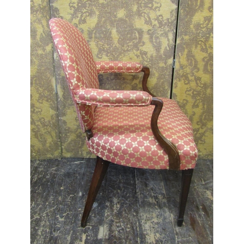 2726 - A Hepplewhite design open elbow chair with cameo shaped back serpentine seat on square taper legs