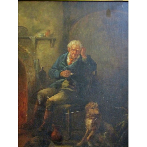 1 - 19th century continental school, an elderly gentleman seated beside a fireplace, smoking a clay pipe... 