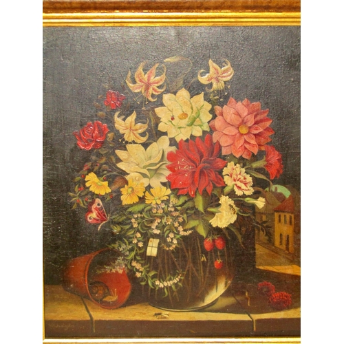 104 - Late 19th / early 20th century Dutch school, still life with floral arrangement before a doorway, le... 